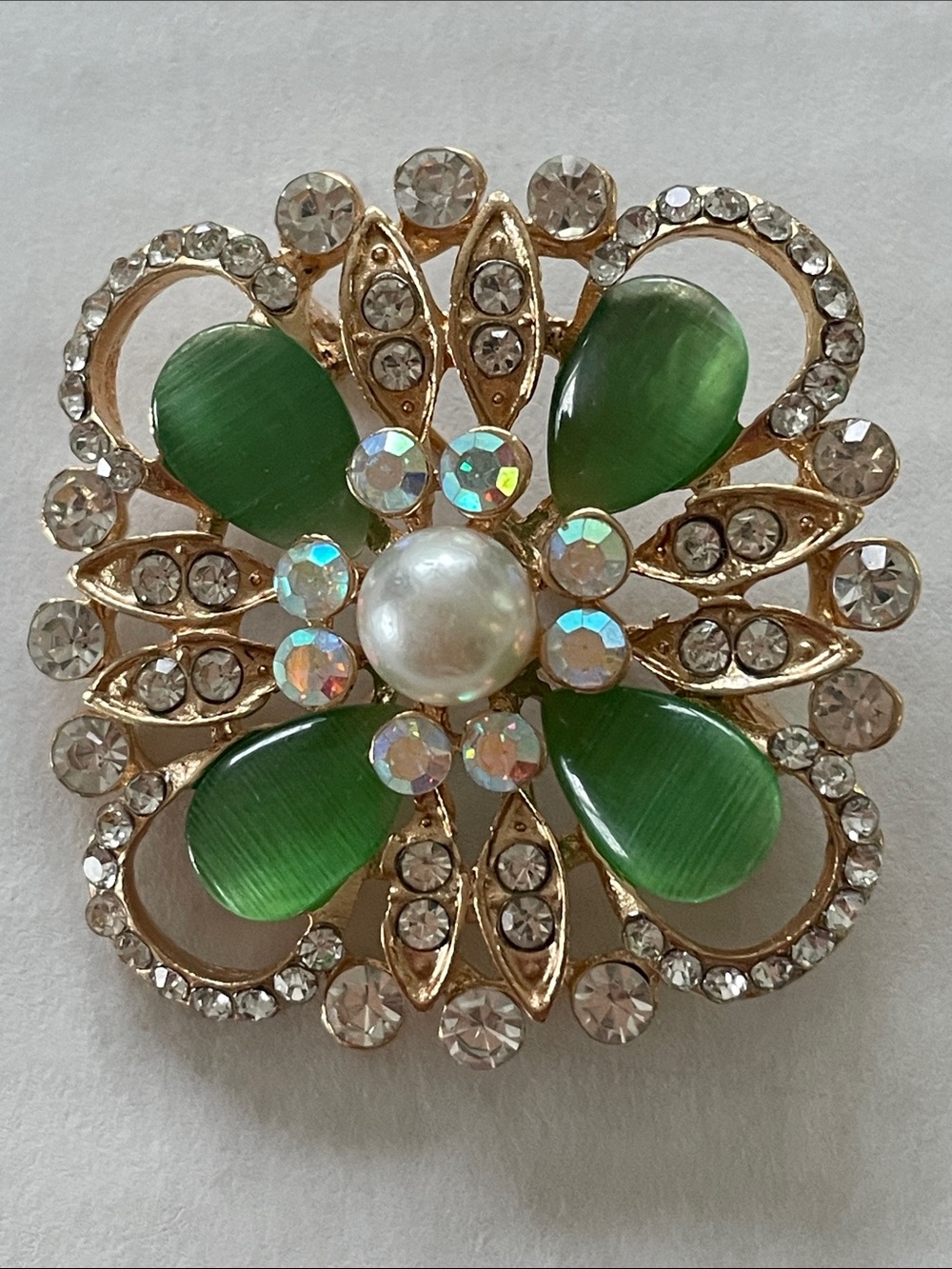 Gold-Tone Floral Brooch with Green Cabochons and Pearl Center New